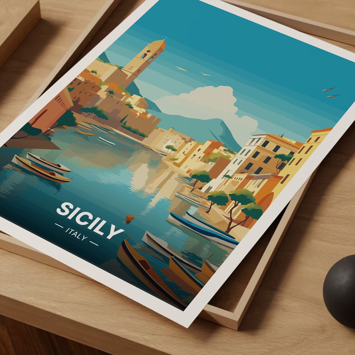 Sicily Italy Harbor Town Canal Boats Church Tower Travel Poster Art - Image 3