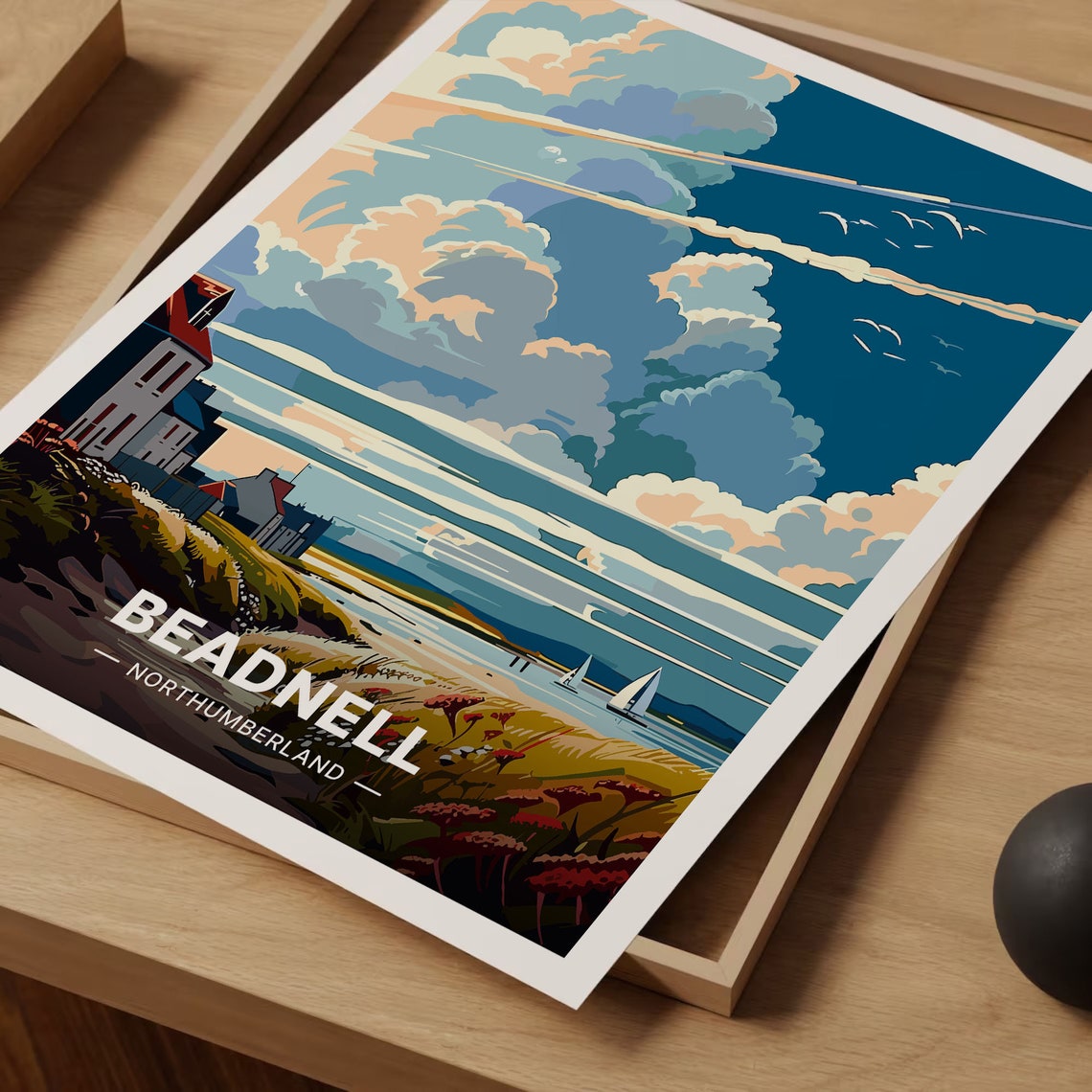 Beadnell Northumberland Sailboats Dramatic Sky Coastal Village Poster - Image 3