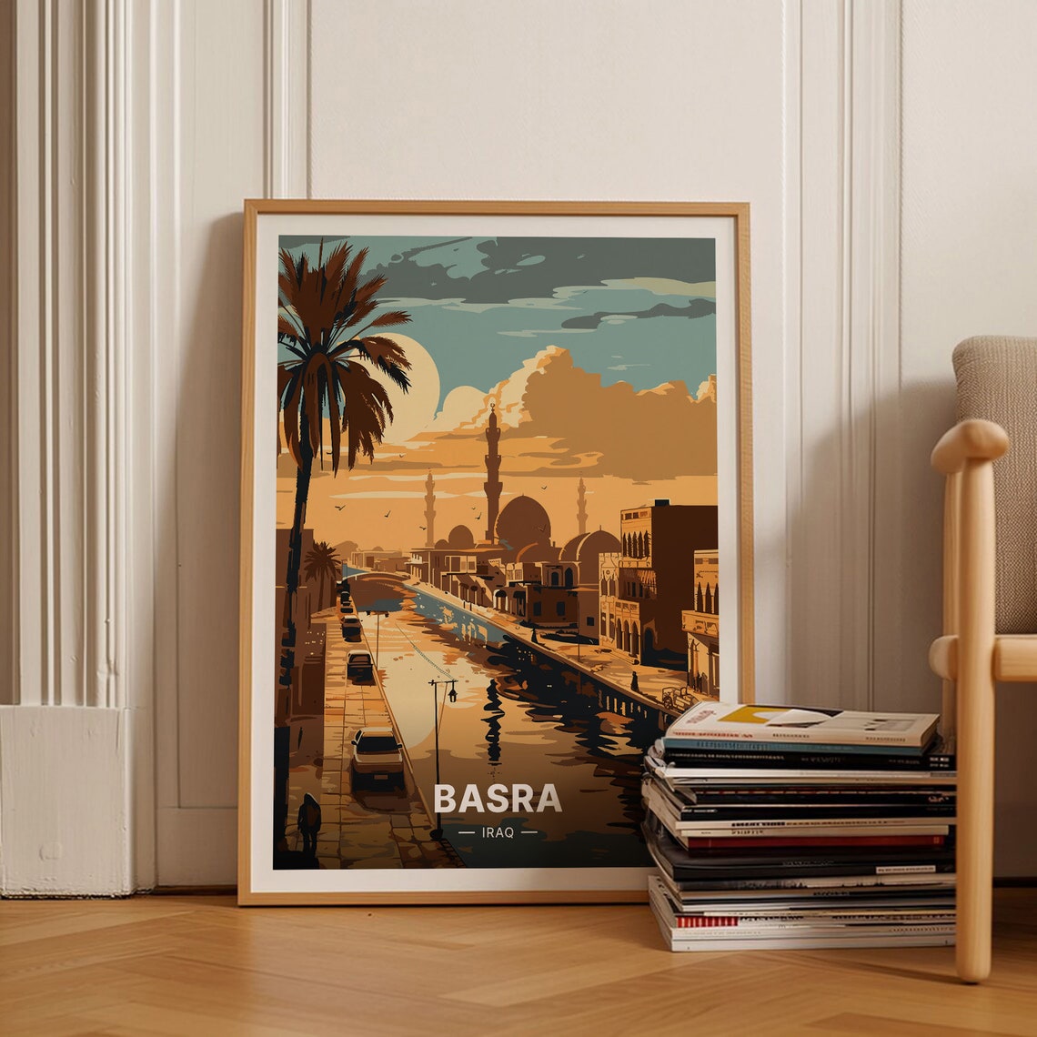 Basra Iraq Golden Sunset Riverside Mosque Skyline Travel Poster