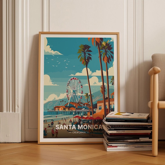 Santa Monica Pier Travel Poster, California Beach Art