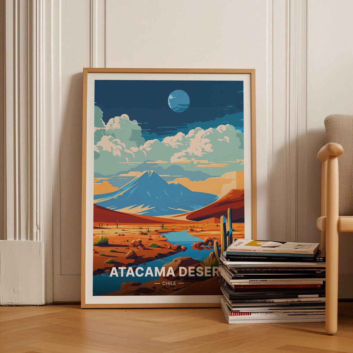 Atacama Desert Chile Volcano Moon Cactus Night Landscape Travel Poster