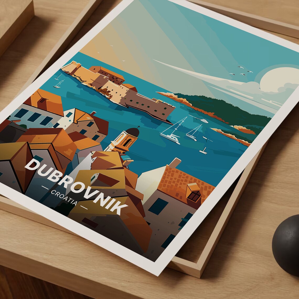 Dubrovnik Croatia Old Town Walls Harbor Moonlight Travel Poster - Image 3