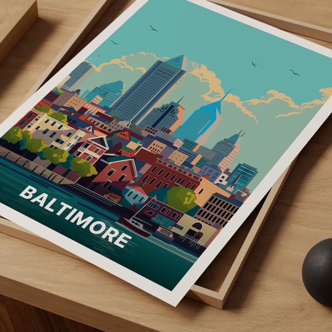 Baltimore Harbor Skyline Row Houses Retro Cityscape Travel Poster - Image 3
