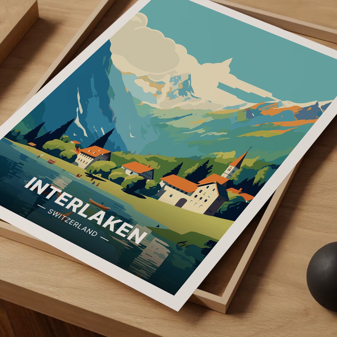 Interlaken Switzerland Alpine Lake Village Peaks Travel Poster - Image 3