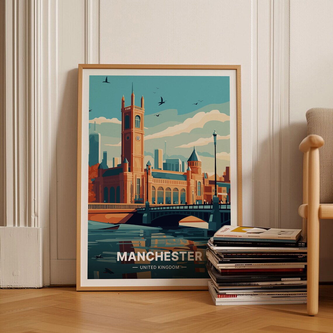 Manchester United Kingdom Cityscape Tower Bridge Travel Poster