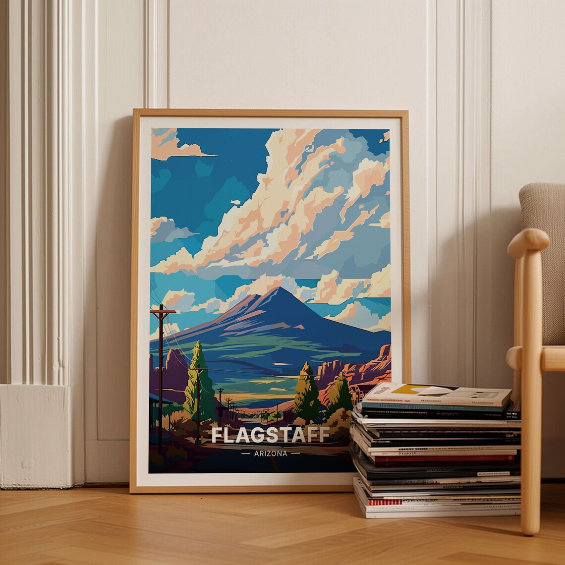Flagstaff Arizona Mountain Peak Pine Forest Main Street Travel Poster
