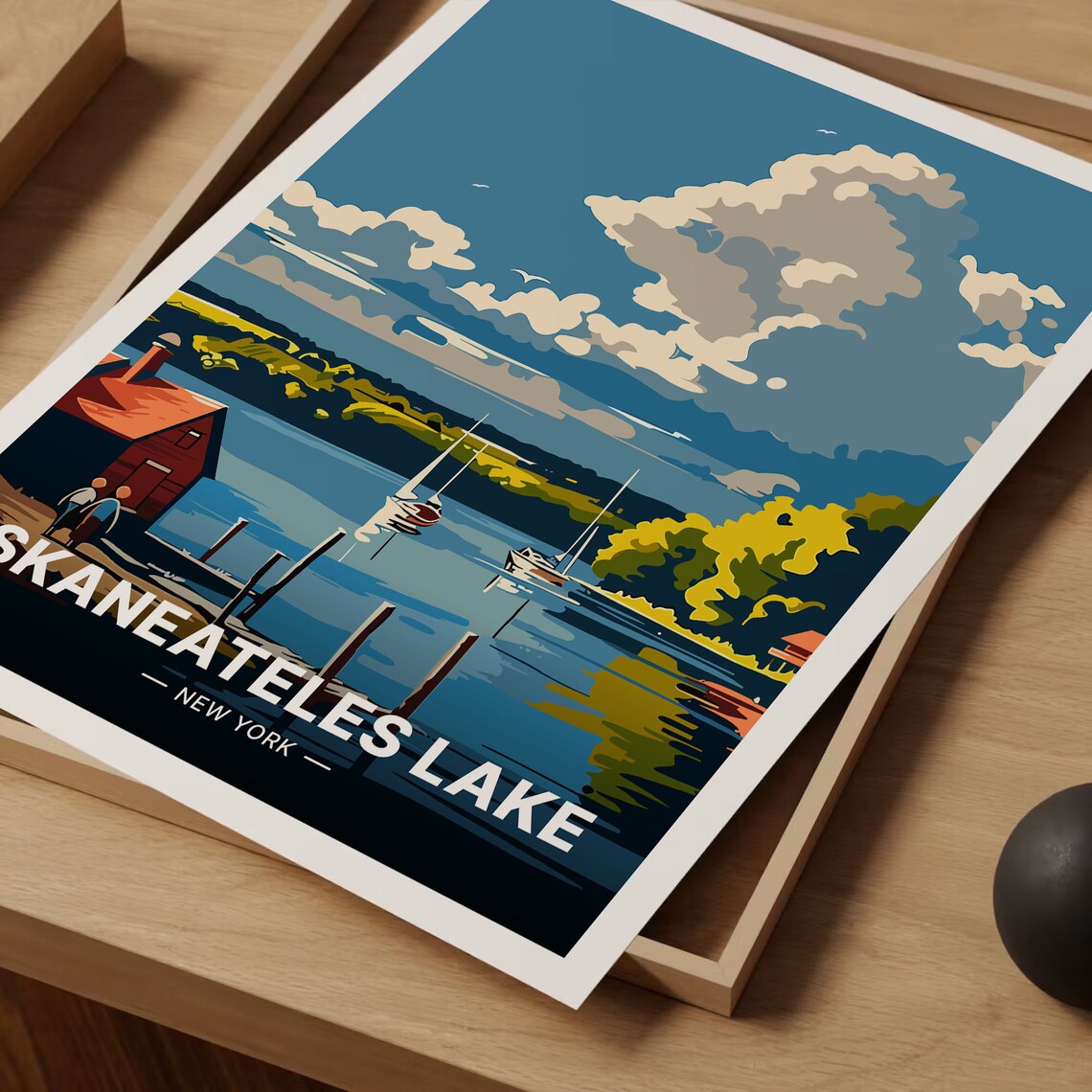 Skaneateles Lake New York Sailboats Red Boathouse Travel Poster - Image 3