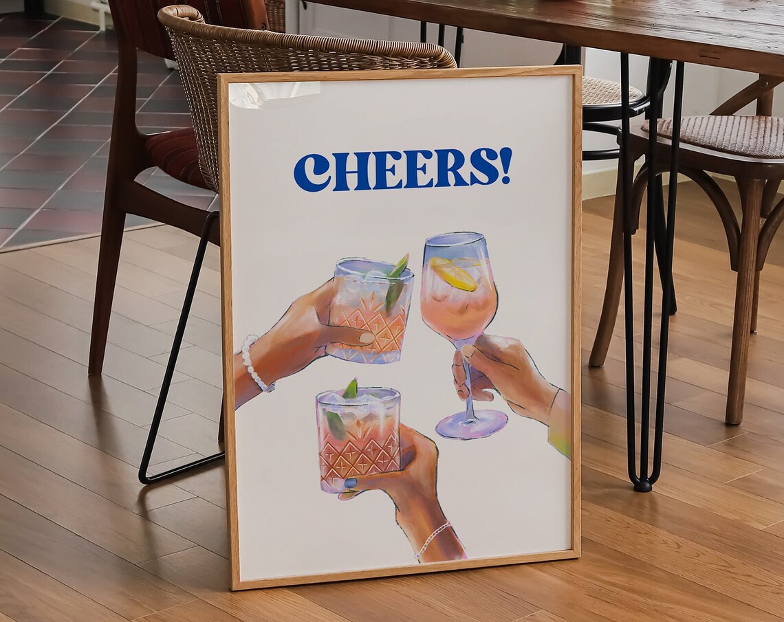 Cheers Retro Cocktail Trio Clinking Glasses Home Bar Art Poster