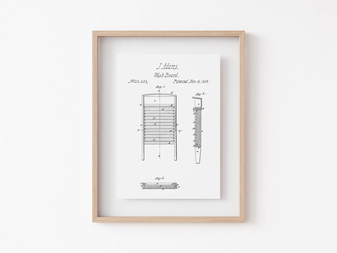 1858 Wash Board Patent Drawing J Adams Vintage Laundry Poster - Image 5