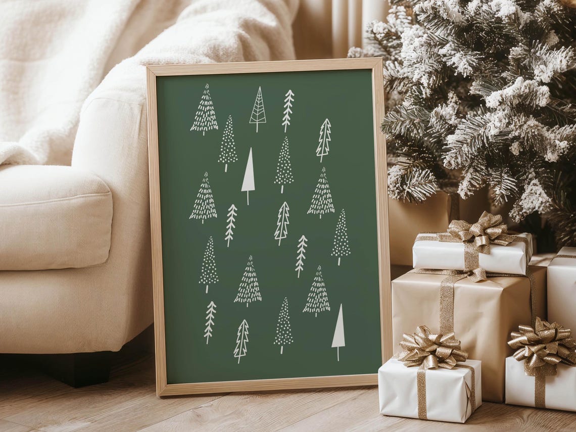 Minimalist White Christmas Trees Dark Green Holiday Art Poster - Image 5