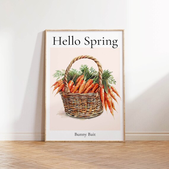 Hello Spring Bunny Bait Carrot Basket Watercolor Easter Poster