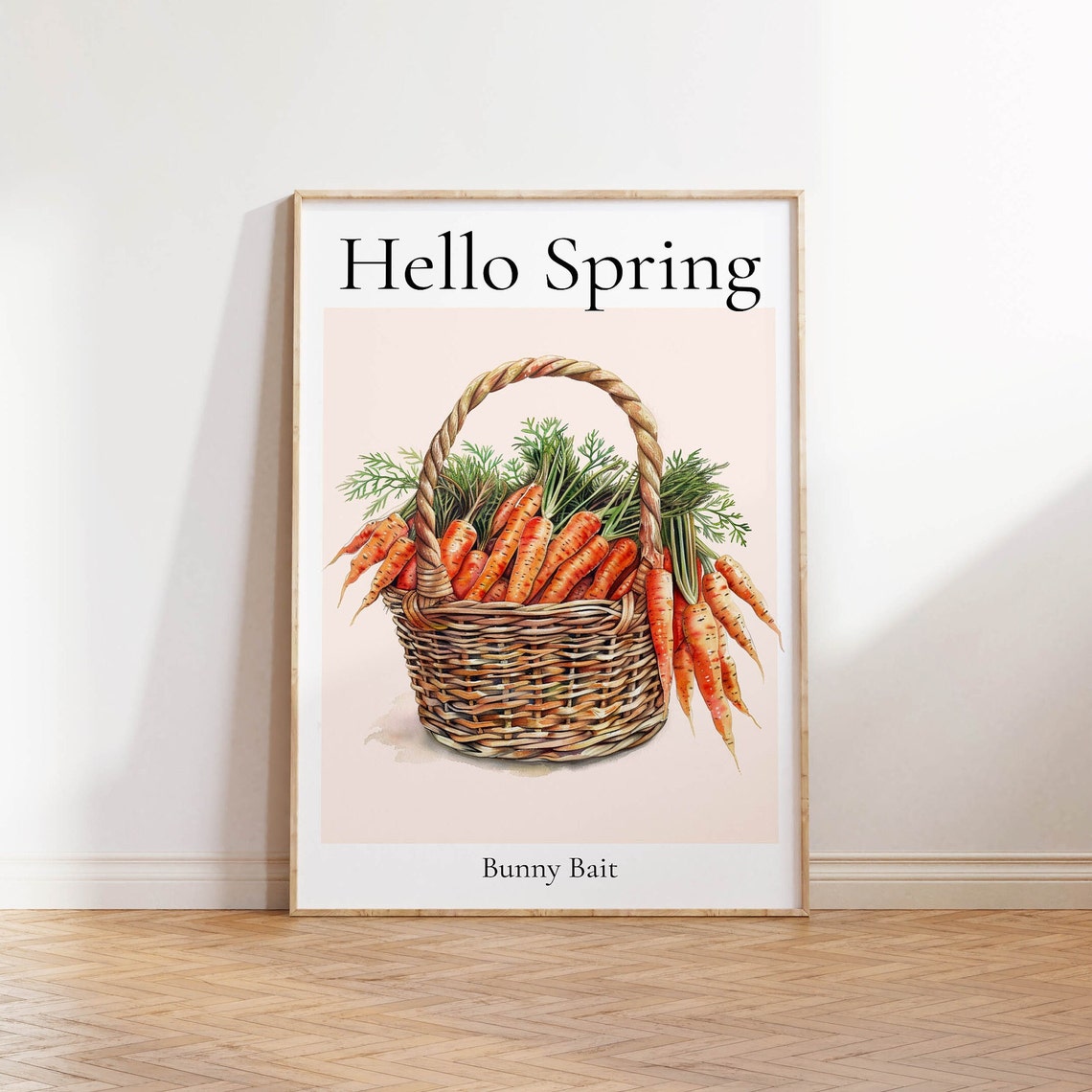 Hello Spring Bunny Bait Carrot Basket Watercolor Easter Poster