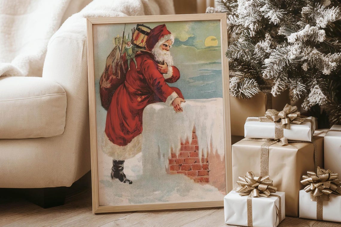 Vintage Santa Climbing Snowy Chimney Victorian Christmas Poster - Image 6