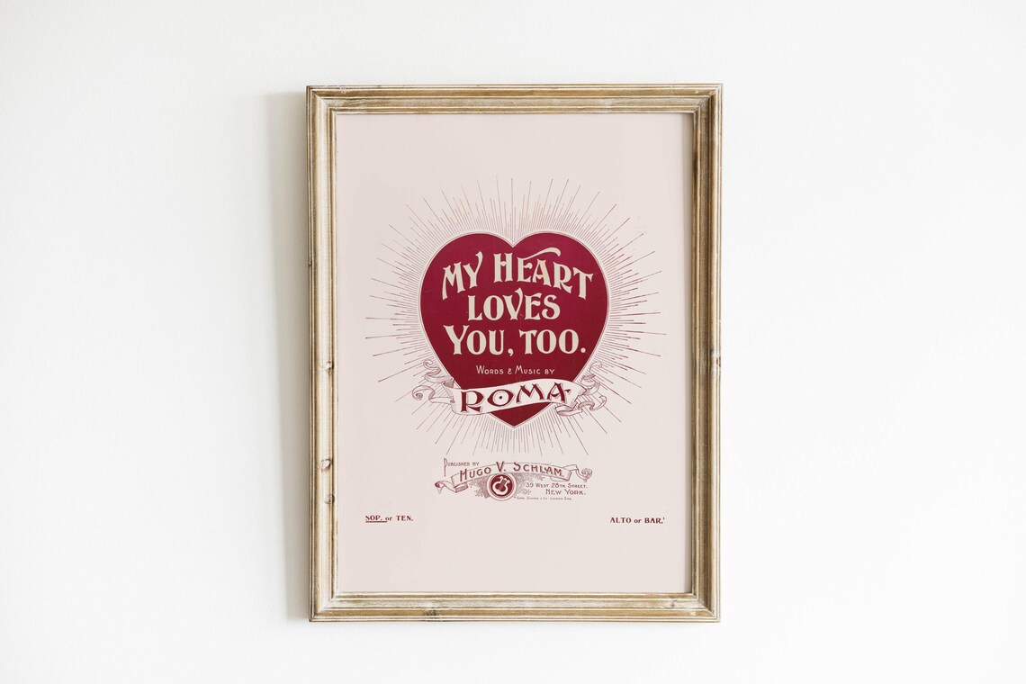 My Heart Loves You Too Roma Antique Heart Sheet Music Art Poster - Image 3