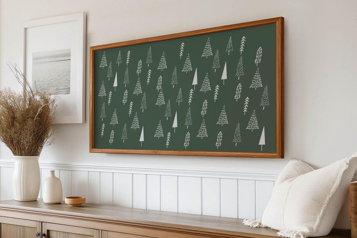 Minimalist White Tree Pattern Green Bold Wide Holiday Art Poster - Image 3
