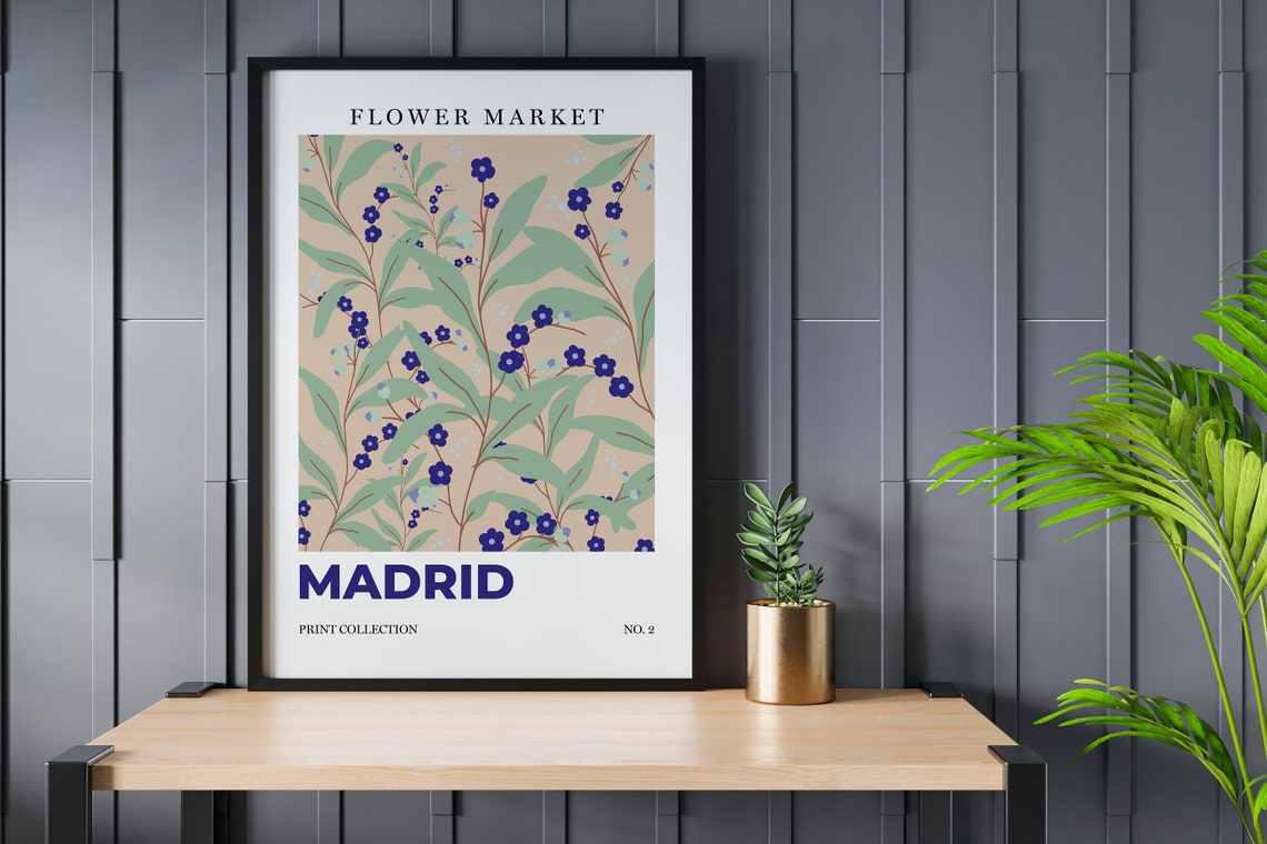 Madrid Flower Market Blue Berries Botanical Retro City Art Poster - Image 2