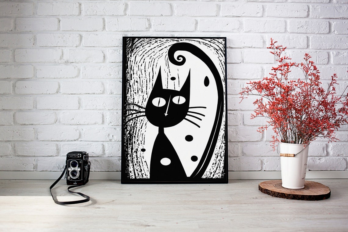 Black Cat Curly Tail Whimsical Bold Line Modern Animal Art Poster - Image 2