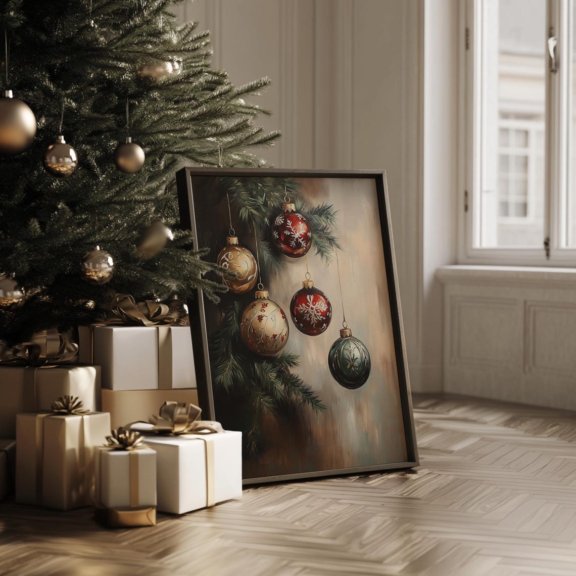 Vintage Christmas Baubles Hanging Pine Branch Holiday Wall Print - Image 4