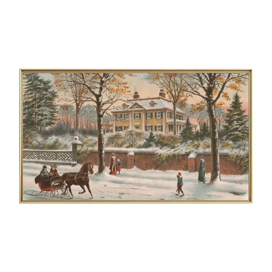 Victorian Manor House Snow Winter Horse Sleigh Vintage Scene Poster - Image 3