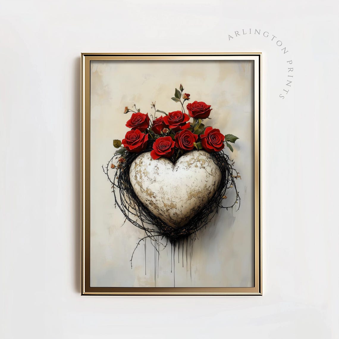 Stone Heart with Red Roses Romantic Valentine Floral Art Poster