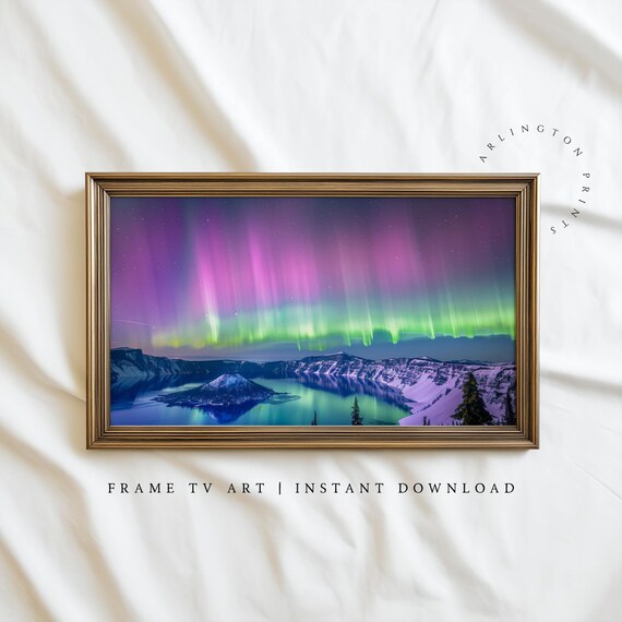 Northern Lights Over Crater Lake Winter Night Sky Art Poster