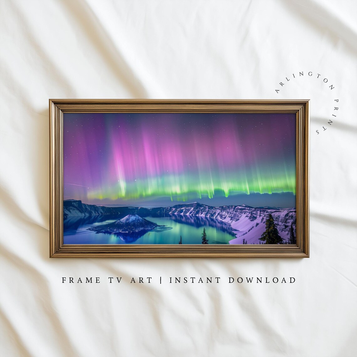 Northern Lights Over Crater Lake Winter Night Sky Art Poster