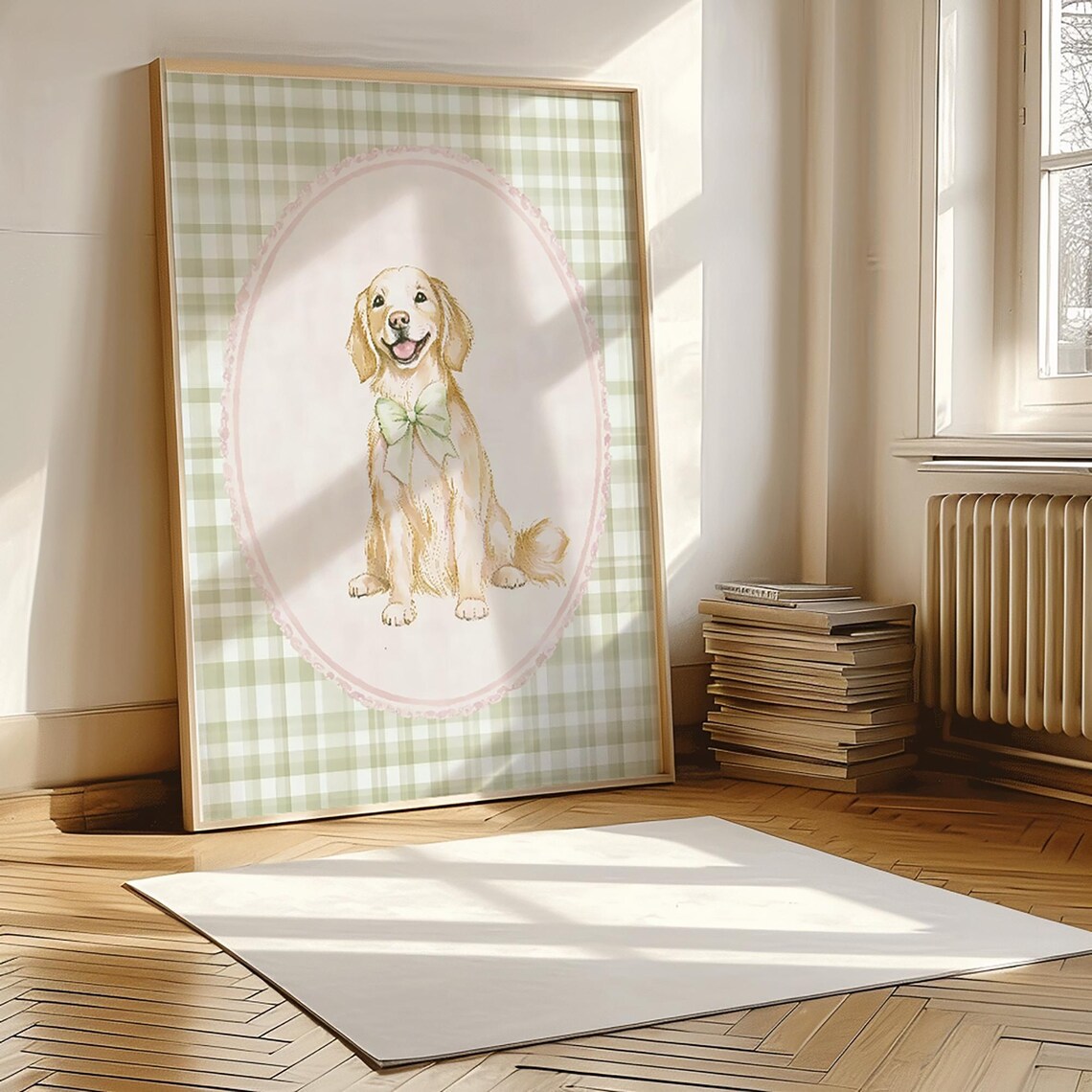 Golden Retriever With Green Bow Green Gingham Nursery Dog Poster - Image 6
