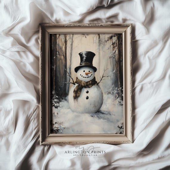 Rustic Christmas Art Print Cute Snowman In Forest Winter Snow Wall Art Vintage Holiday Farmhouse Wall Art T893