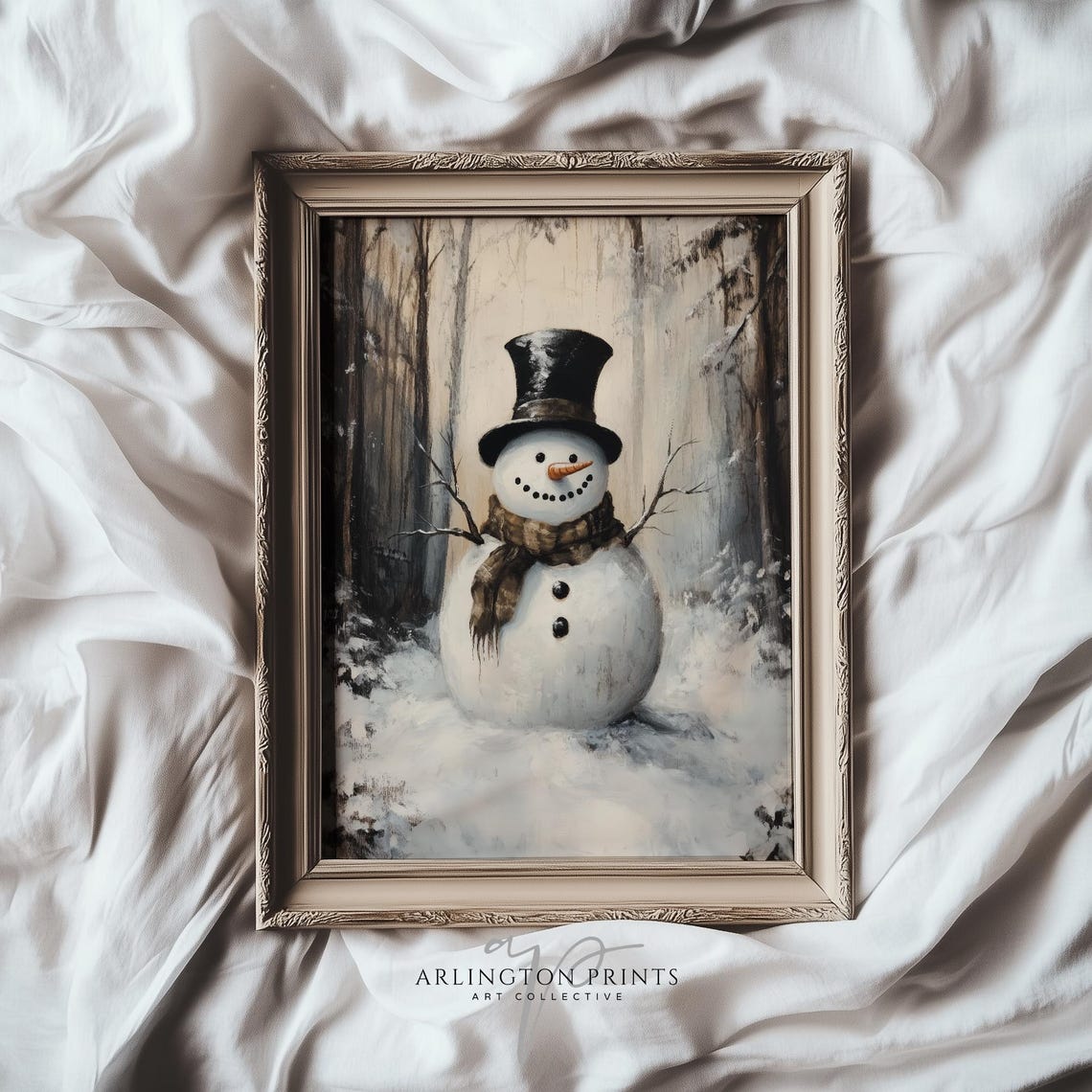 Rustic Snowman Top Hat Scarf Winter Forest Vintage Painting Poster