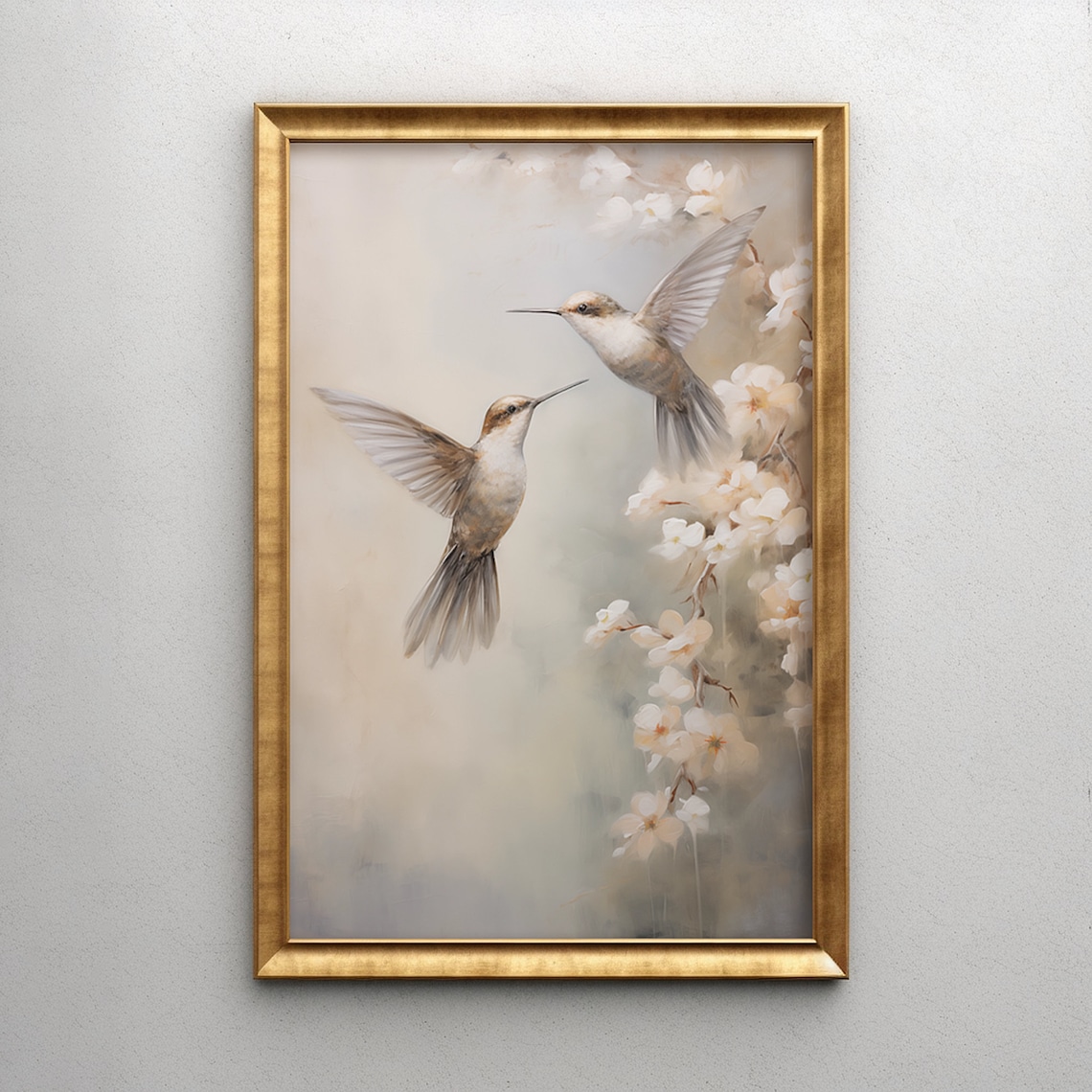 Two Hummingbirds Among White Blossoms Soft Neutral Vintage Bird Poster