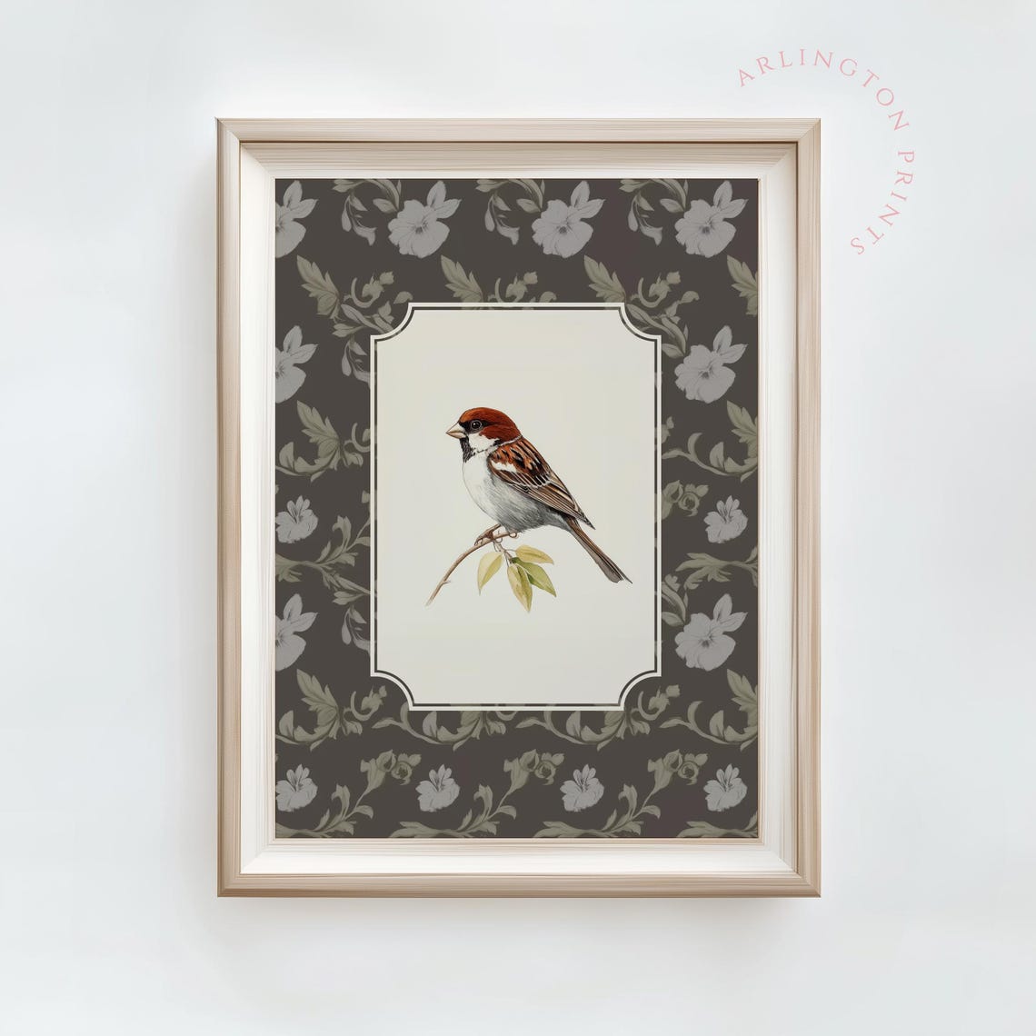Vintage Sparrow Perched On Twig Dark Floral Background Poster