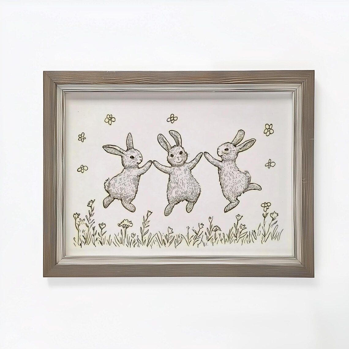 Three Joyful Bunnies Dancing Vintage Ink Sketch Nursery Poster - Image 2