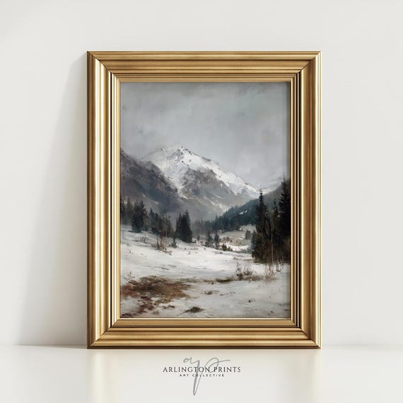 Vintage Snowy Mountain Painting Neutral Winter Landscape Art Rustic Minimalist Decor R40