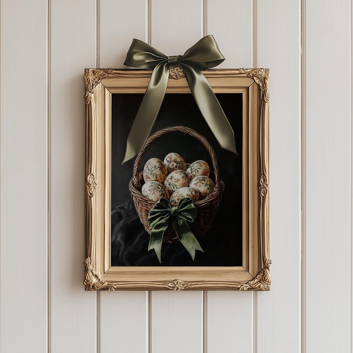 Floral Easter Eggs Wicker Basket Green Bow Moody Dark Spring Print - Image 4