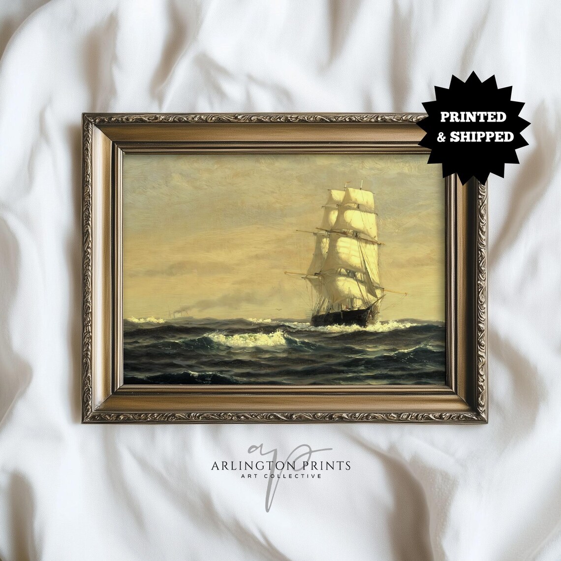 Tall Ship Sailing at Sea Vintage Maritime Oil Painting Style Poster
