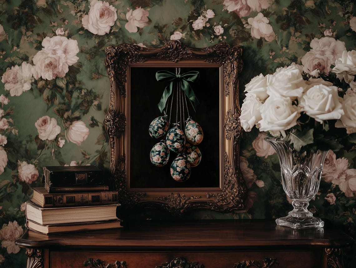 Moody Vintage Floral Easter Eggs Hanging From Green Bow Poster - Image 5
