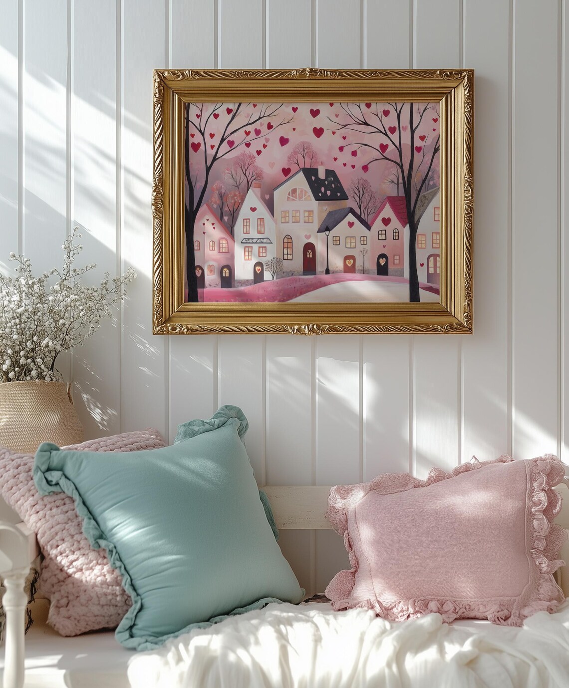 Pink Valentine Street With Cozy Houses And Floating Hearts Poster - Image 3