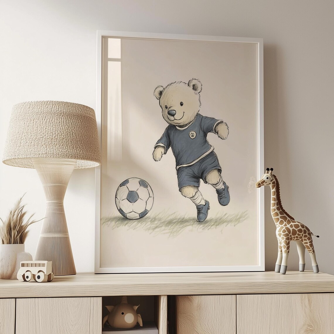 Teddy Bear Soccer Player Kicking Ball Watercolor Nursery Poster - Image 4