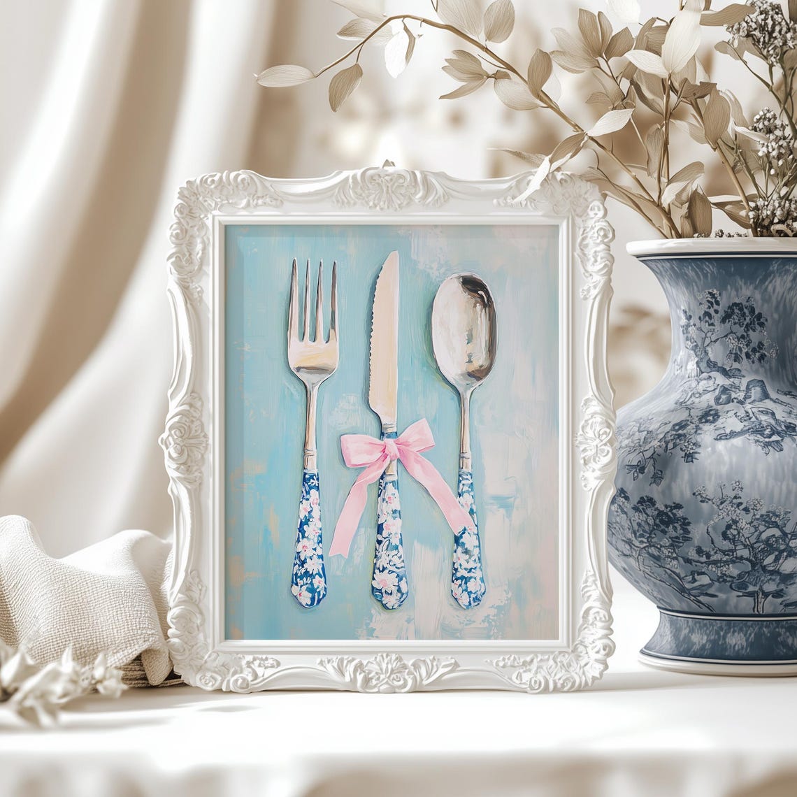 Vintage Cutlery Blue Floral Handles Pink Bow Kitchen Art Print - Image 2