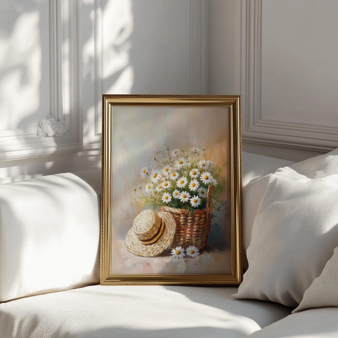 Daisy Basket Straw Hat Still Life Oil Painting Floral Art Print - Image 3