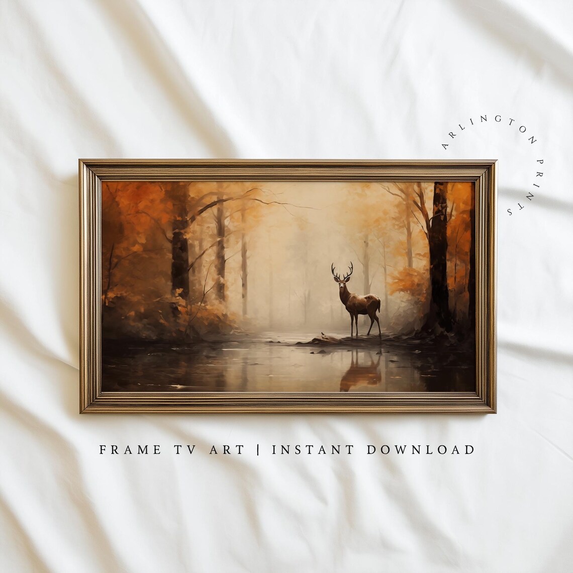 Autumn Wildlife Deer Oil Painting, Vintage Fall Landscape