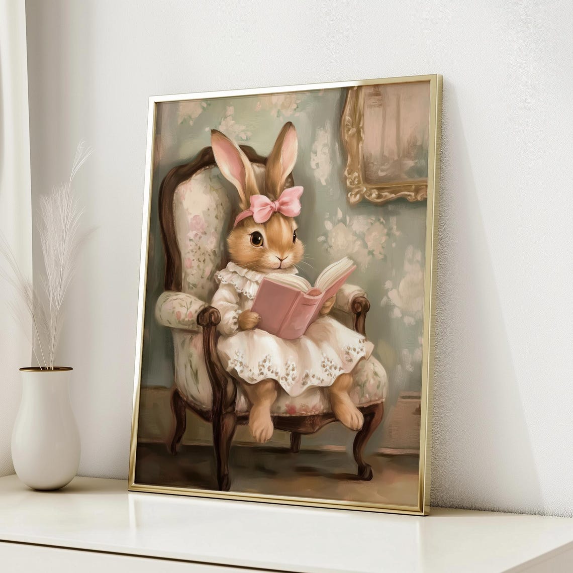 Bunny Reading Book Vintage Nursery Cozy Pink Girl Room Art Poster - Image 4