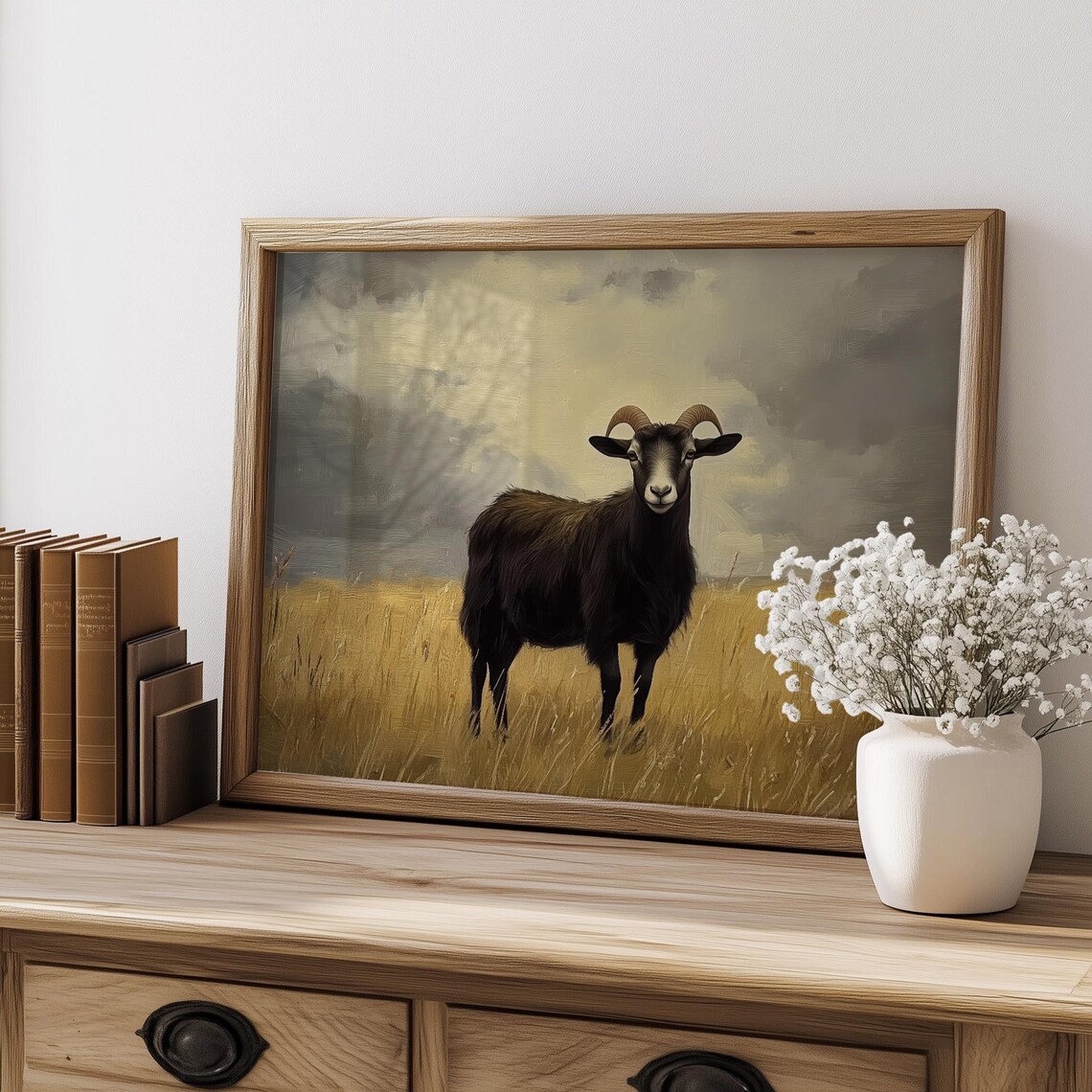 Black Ram Standing in Golden Wheat Field Moody Farm Animal Poster - Image 4