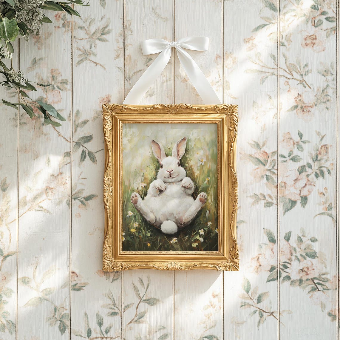 Chubby White Bunny Lying Meadow Flowers Playful Nursery Poster - Image 2