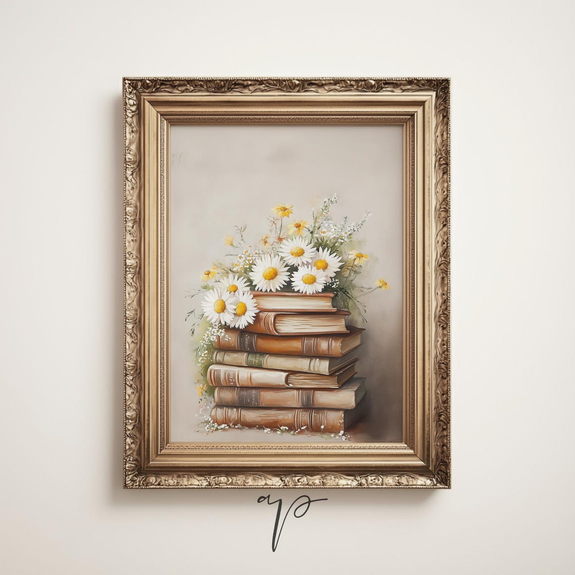 Vintage Books Daisy Bouquet Still Life Library Decor Art Print