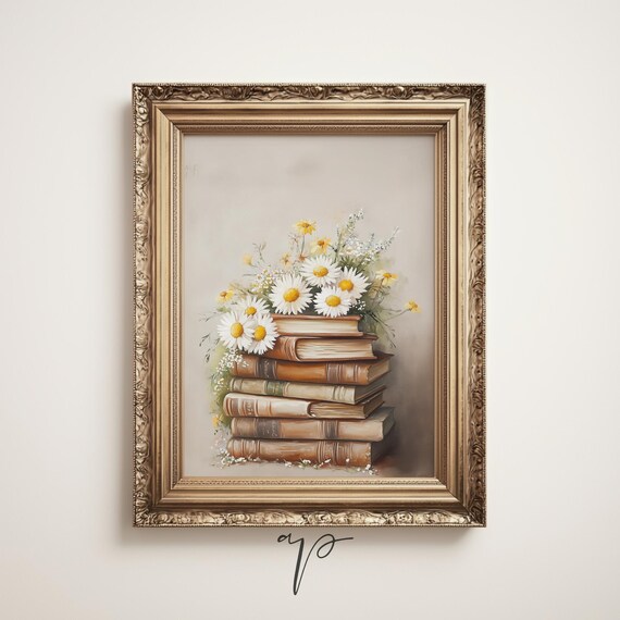 Vintage Books Daisy Bouquet Still Life Library Decor Art Print