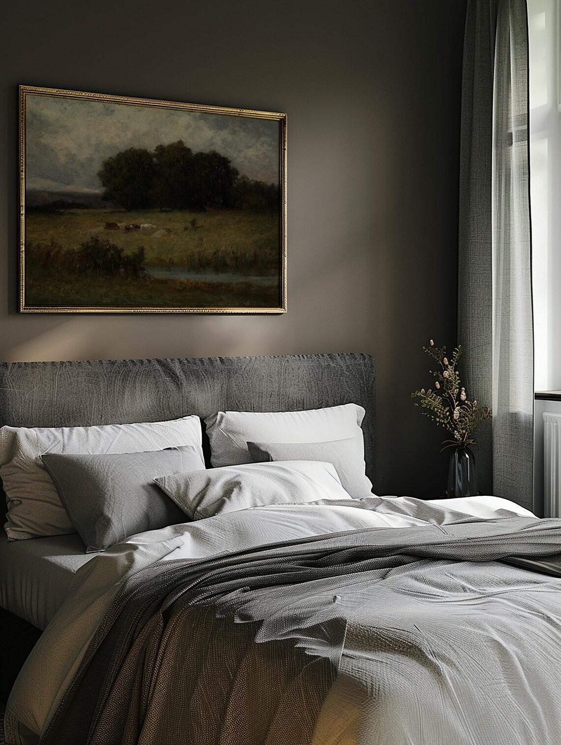 Moody Grazing Cows Dark Meadow Landscape Oil Painting Poster - Image 2