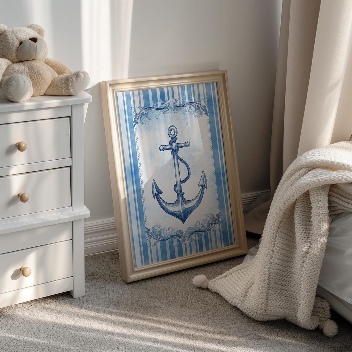 Classic Blue Anchor Rope Nautical Stripes Coastal Beach Poster - Image 4