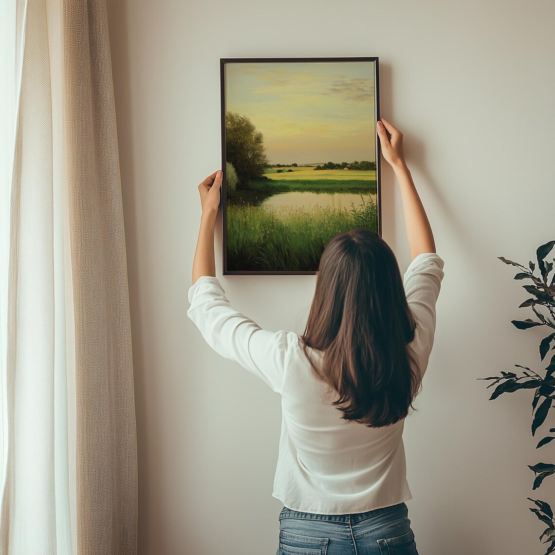 Golden Hour Sunset Over Lake and Meadow Landscape Oil Painting Poster - Image 3