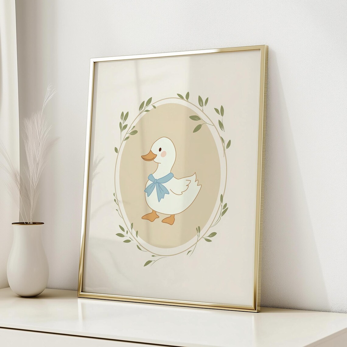 Sweet Baby Duck With Blue Bow Leafy Oval Vintage Nursery Poster - Image 6